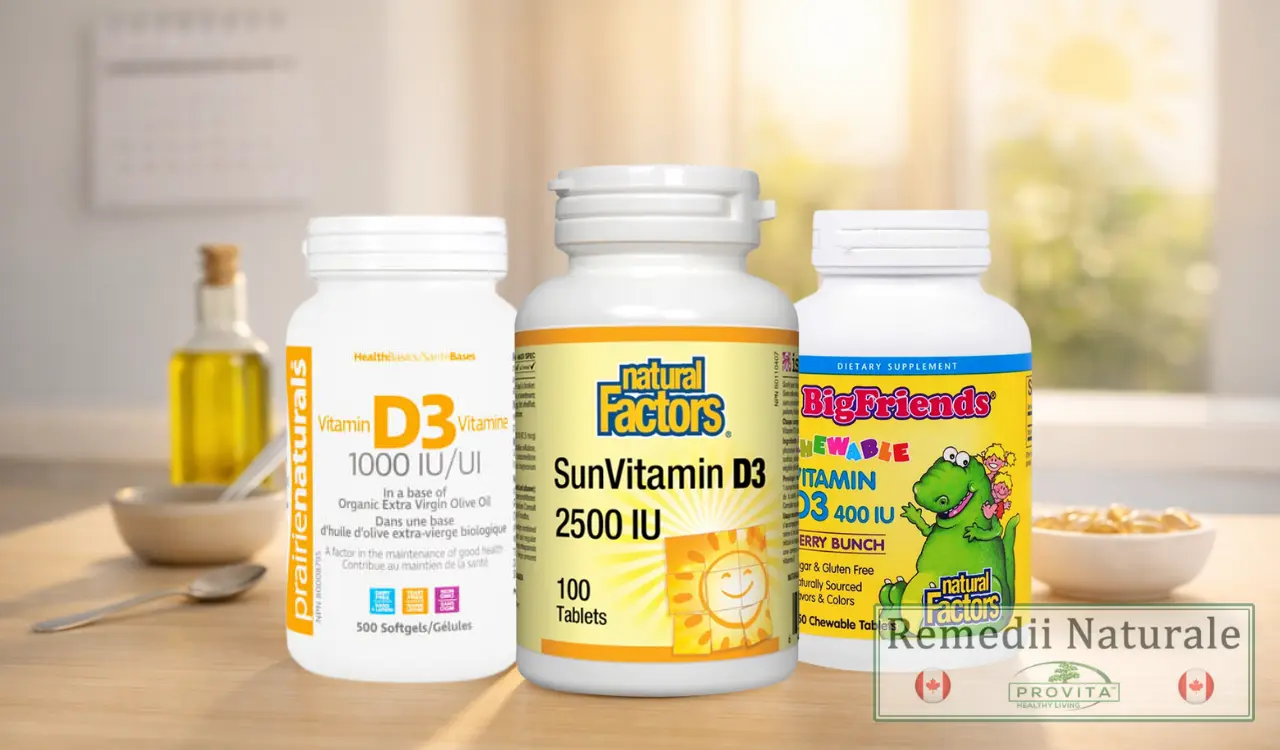 Vitamina D3 1000 vs 2000 vs 5000 UI – comparatie doze si cum alegi corect Trei suplimente Vitamina D3 (1000, 2000 și 5000 UI) pe o masă, în decor luminos, pentru comparația dozelor și alegerea dozei potrivite.
