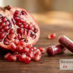 Capsule de Acid Ellagic Forte lângă o rodie tăiată cu semințe roșii, pe o suprafață din lemn natural