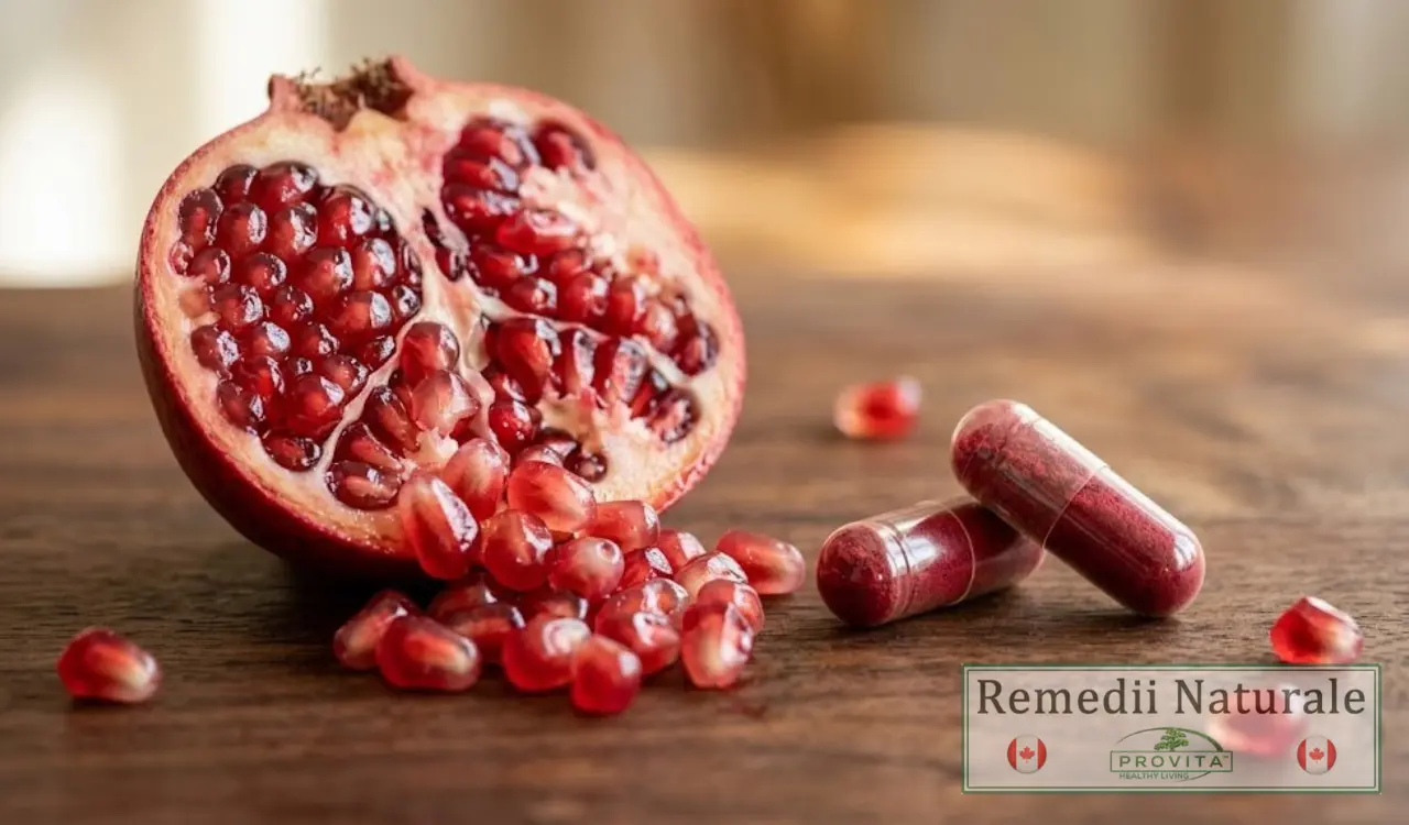 Capsule de Acid Ellagic Forte lângă o rodie tăiată cu semințe roșii, pe o suprafață din lemn natural