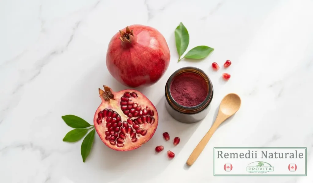 Macro fotografie cu semințe de rodie luminate de razele soarelui, ilustrând proprietățile antioxidante ale acidului ellagic