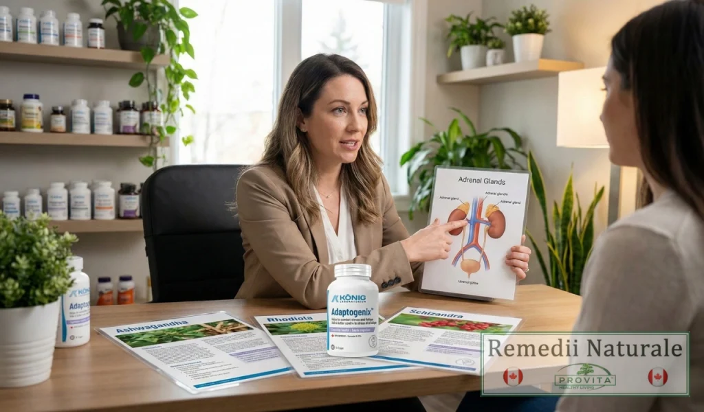 Flacon Adaptogenix pe birou, cu consultant în suplimente naturiste care explică formula completă pentru stres cronic și burnout