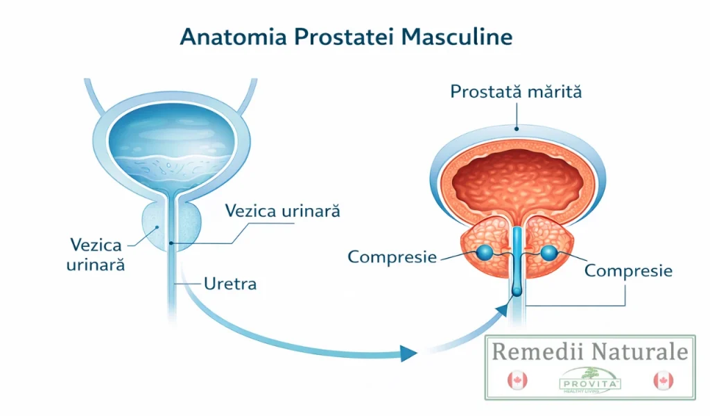 Infografic medical ce prezintă anatomia prostatei masculine: o vezică urinară cu prostată normală comparată cu o prostată mărită (HBP) care comprimă uretra.