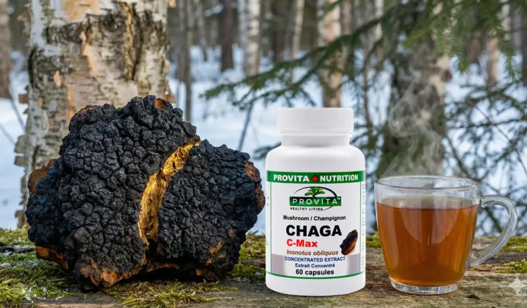 chaga ciuperca siberiana neagra antioxidant antiinflamator natural Bucata de ciuperca Chaga neagra langa flacon de supliment si cana cu ceai antioxidant