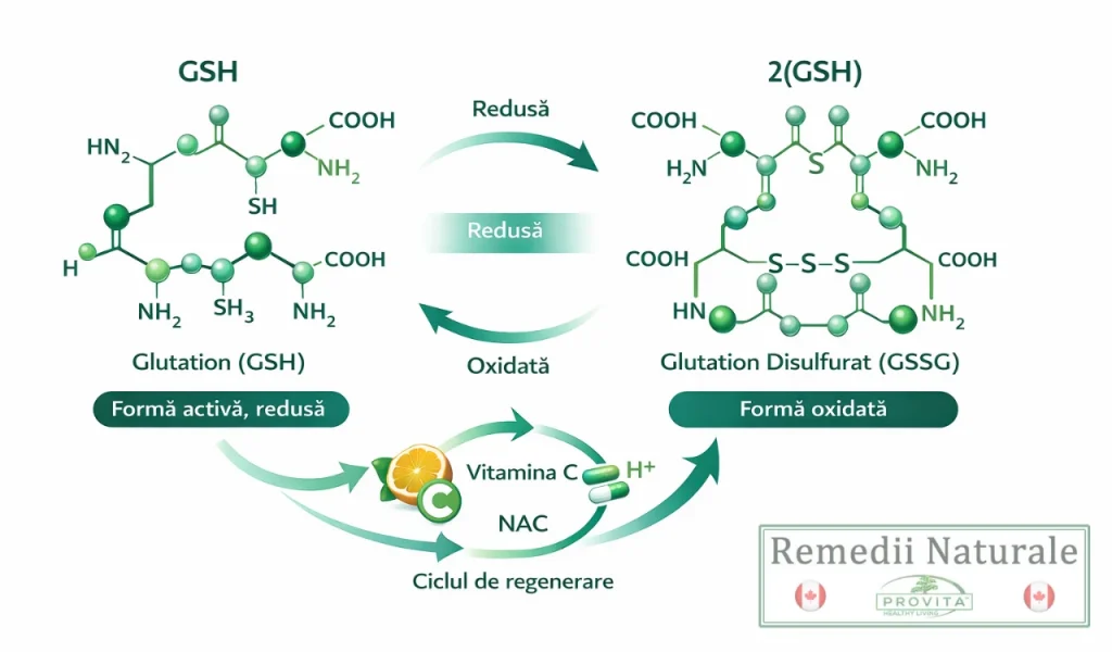 Infografic: Ciclul de oxidare al Glutationei active (GSH) în Glutationă oxidată (GSSG) și rolul Vitaminei C și NAC în regenerare.