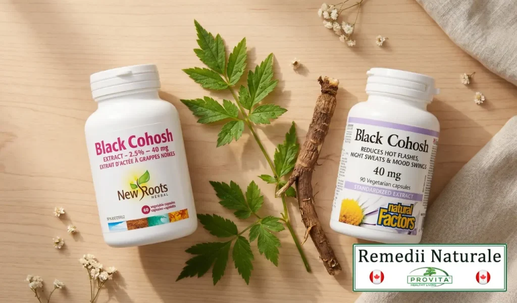 Două flacoane de suplimente naturiste Black Cohosh de la New Roots și Natural Factors, așezate pe o masă alături de o rădăcină și frunze verzi de Actaea racemosa.
