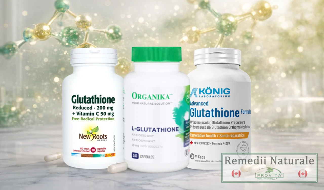 Comparație vizuală a suplimentelor de glutationă redusa vs forte: stânga - Glutationa Forte New Roots (200mg+Vit.C); centru - L-Glutationa Organika (50mg, Standard); dreapta - König Glutathione Advanced Formula (pentru ficat). Pe masă de marmură.
