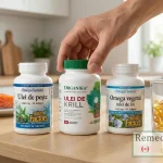 Comparație Omega-3 ulei de krill, ulei de pește și omega-3 vegetal din ulei de in pe masă în bucătărie modernă