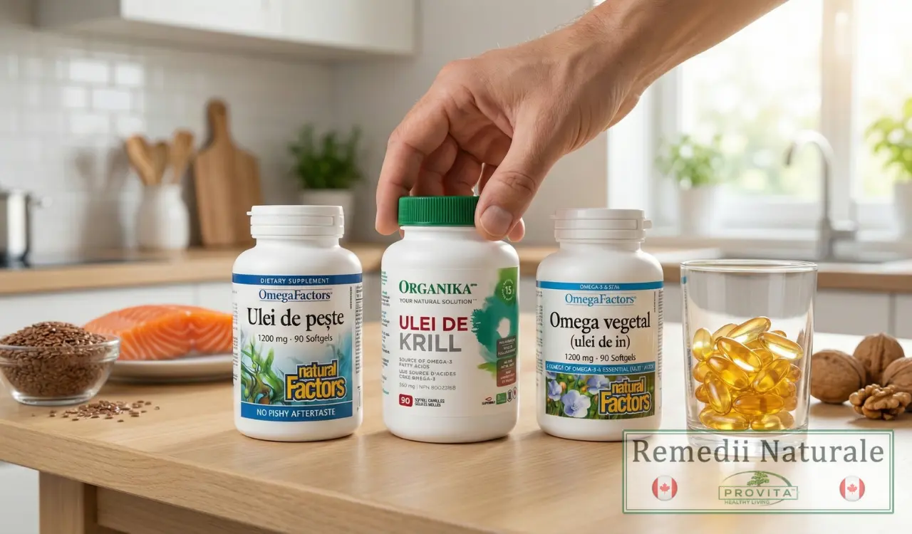 Comparație Omega-3 ulei de krill, ulei de pește și omega-3 vegetal din ulei de in pe masă în bucătărie modernă