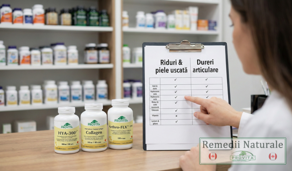 cum alegi colagenul pentru articulatii si piele cu acid hialuronic Flacoane cu colagen tip I, colagen tip II și colagen cu acid hialuronic pe birou, alături de un ghid de alegere pentru piele și articulații