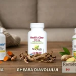 Flacoane cu suplimente curcumină, gheara diavolului și ghimbir pe masă, comparație remedii antiinflamatoare naturale pentru dureri articulare.