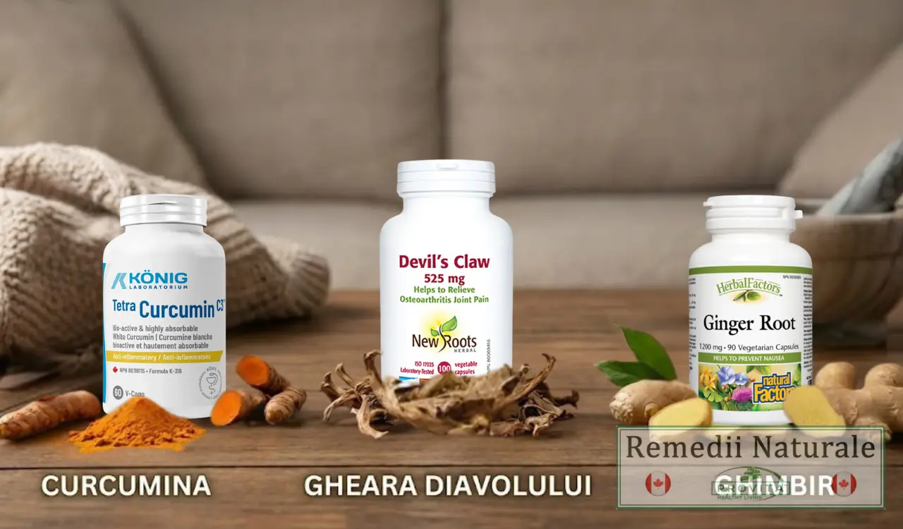 Flacoane cu suplimente curcumină, gheara diavolului și ghimbir pe masă, comparație remedii antiinflamatoare naturale pentru dureri articulare.