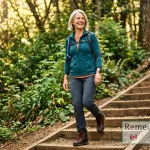 Femeie de 55 de ani zâmbind relaxată în timp ce urcă niște scări de lemn în natură, sugerând mobilitate excelentă și lipsa durerilor articulare.