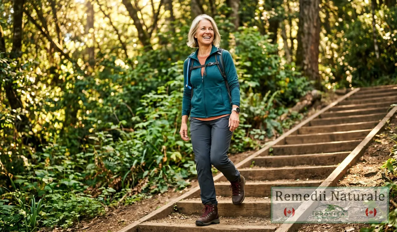 Femeie de 55 de ani zâmbind relaxată în timp ce urcă niște scări de lemn în natură, sugerând mobilitate excelentă și lipsa durerilor articulare.