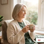 Femeie la menopauză zâmbind relaxată în timp ce bea un ceai, sugerând starea de bine și ameliorarea simptomelor datorită extractului de Black Cohosh.