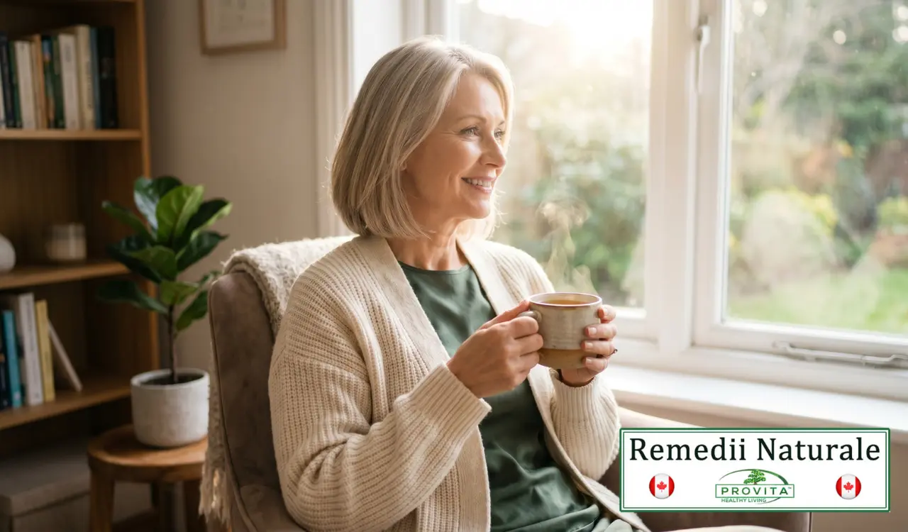 Femeie la menopauză zâmbind relaxată în timp ce bea un ceai, sugerând starea de bine și ameliorarea simptomelor datorită extractului de Black Cohosh.