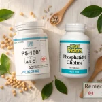 Flacon de fosfatidilserină și fosfatidilcolina alături de boabe de soia și semințe de floarea-soarelui pe fundal natural — suplimente pentru sănătatea creierului