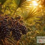 Fructe negre și coapte de Saw Palmetto (Serenoa repens) pe ramurile unui palmier pitic, luminate de razele soarelui, folosite ca tratament naturist pentru prostată.