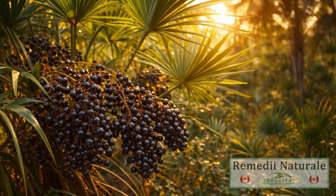 Fructe negre și coapte de Saw Palmetto (Serenoa repens) pe ramurile unui palmier pitic, luminate de razele soarelui, folosite ca tratament naturist pentru prostată.