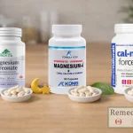 Comparatie intre magneziu citrat, magneziu glicinat si magneziu treonat, prezentate ca suplimente pe masa, cu elemente vizuale pentru digestie, somn si memorie.