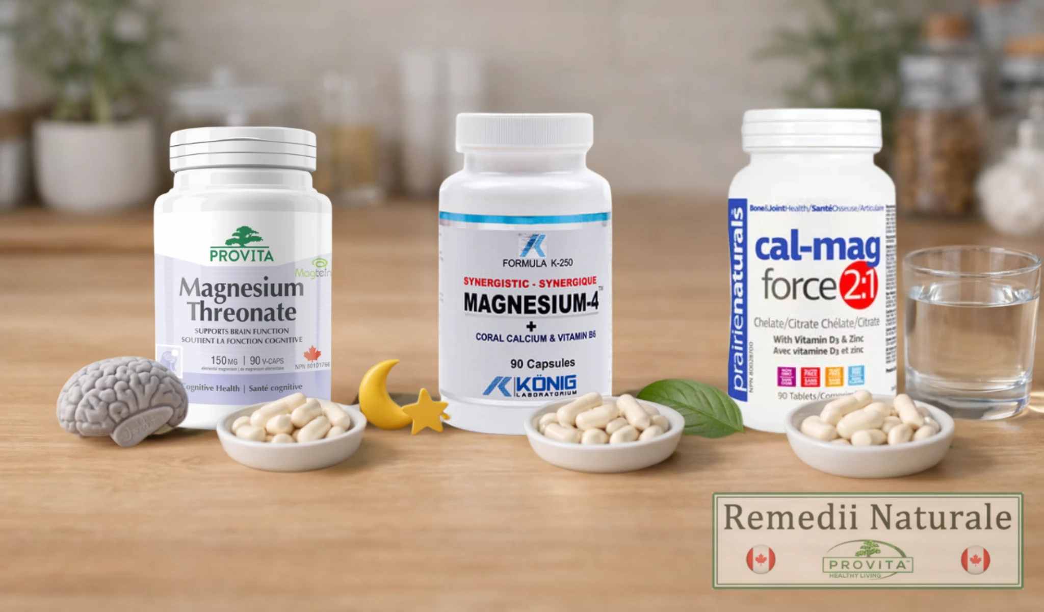Comparatie intre magneziu citrat, magneziu glicinat si magneziu treonat, prezentate ca suplimente pe masa, cu elemente vizuale pentru digestie, somn si memorie.