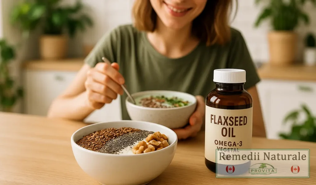 Flacon de ulei de in și bol cu semințe de in, chia și nuci ca surse vegetale de Omega-3 pentru vegetarieni