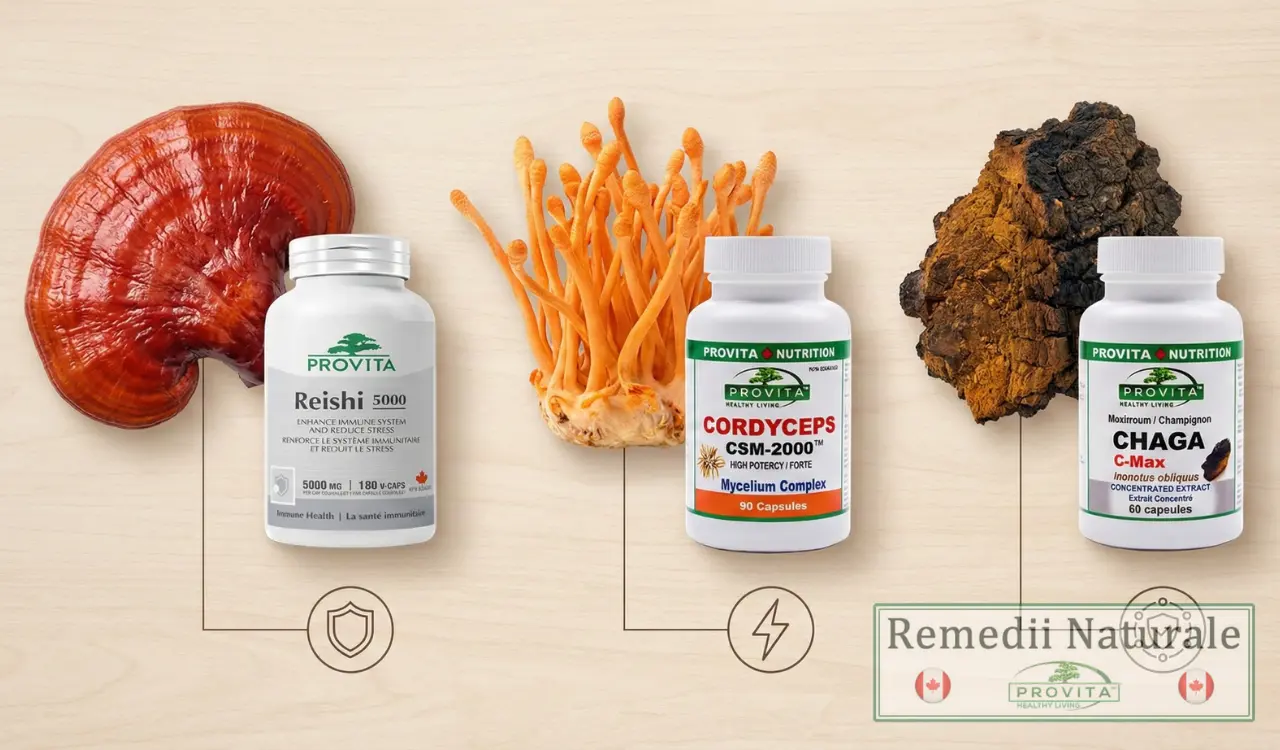 reishi vs cordyceps vs chaga comparatie ciuperci terapeutice Comparatie vizuala intre ciupercile terapeutice Reishi, Cordyceps si Chaga cu flacoane de suplimente pe fundal deschis