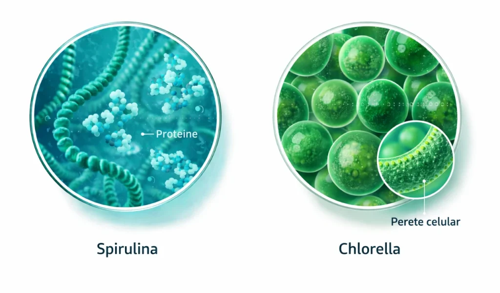 spirulina vs chlorella diferente structurale proteine perete celular Ilustrație comparativă Spirulina vs Chlorella, evidențiere proteine Spirulina și perete celular Chlorella