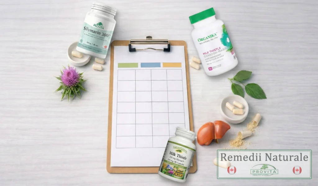 Tabel comparativ vizual intre suplimente cu silimarina 150 mg si 200 mg, evidentiind diferenta de capsule necesare pentru doza terapeutica.